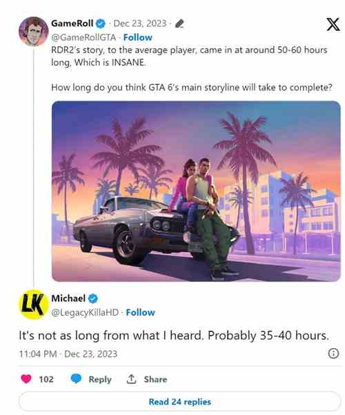 GTA6主线流程时长曝光 或将达到40小时