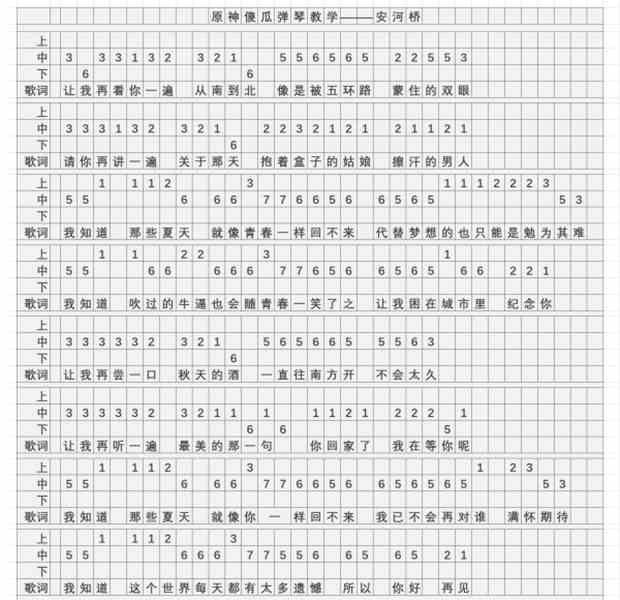 《原神》安河桥琴谱简谱分享