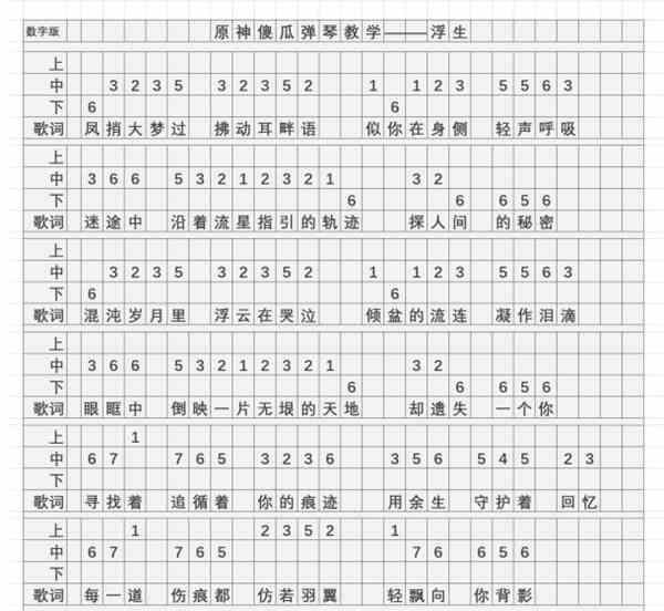 《原神》浮生琴谱简谱图片分享