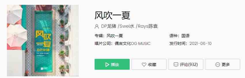 DP龙猪新歌《风吹一夏 》歌曲完整版在线试听入口