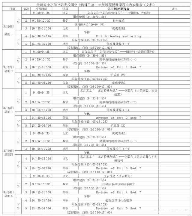 《阳光校园空中黔课》高二年级3月16日-20日课程表介绍