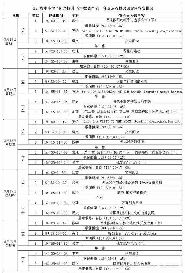 《阳光校园空中黔课》高一年级3月16日-20日课程表介绍