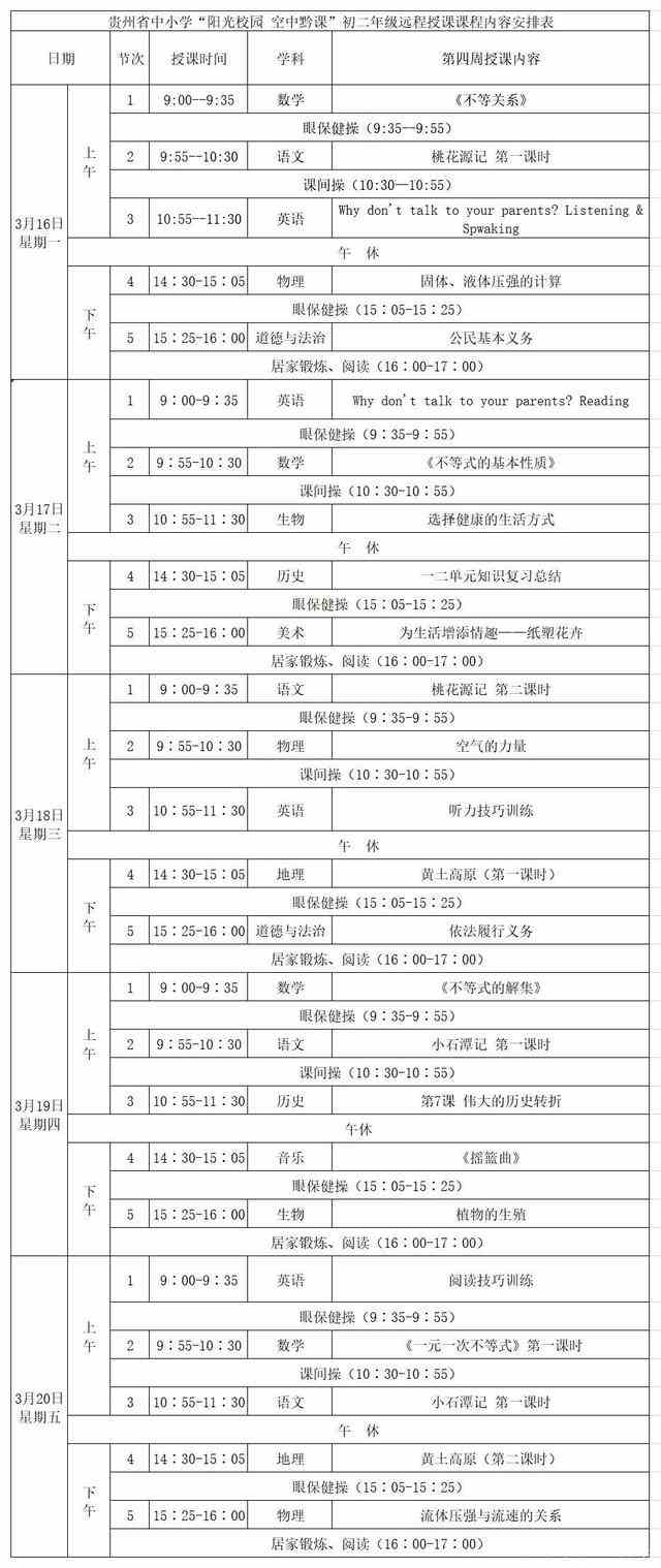 《阳光校园空中黔课》初二年级3月16日-20日课程表介绍